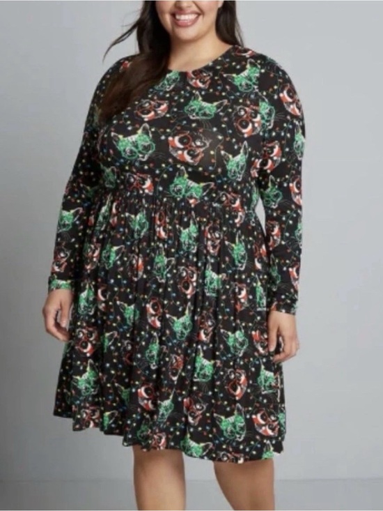 Modcloth Dresses & Skirts - ModCloth Black Red Green Christmas Cat Dress Holiday 1X XL